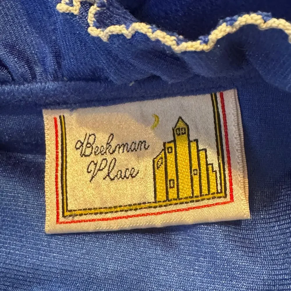 Vtg Beekman Place Blue Half Zip White Trimmed Smocked Robe House Coat Mumu - Picture 5 of 5
